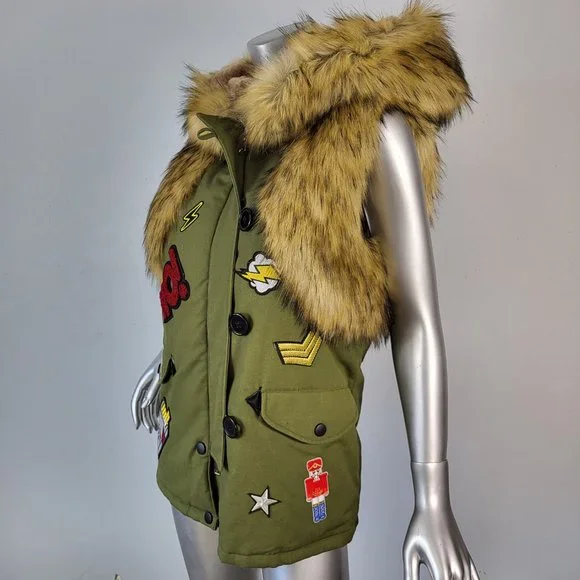 NWOT~$545~KINGSTAR~S/M~ARMY GREEN HOODED FAUX FOX RACCOON FUR PATCHES VEST COAT